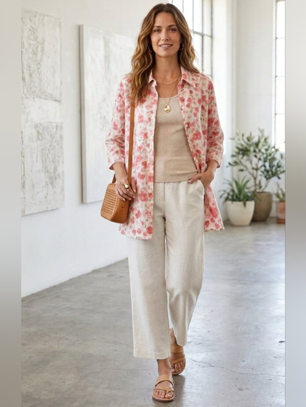 100% LINEN Lagenlook Artsy Pink & White Floral Button front Tunic Shacket Shirt